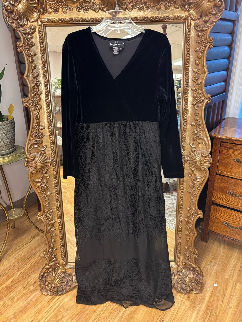 Vintage Carole Little Black Velvet Burnout Maxi Dress Size 10 Made in USA